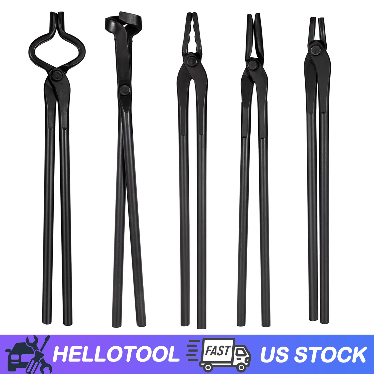 5PC Blacksmith Tongs Tools Set -Flat, Square Jaw, Bolt, Blade, Wolf Jaw Tongs