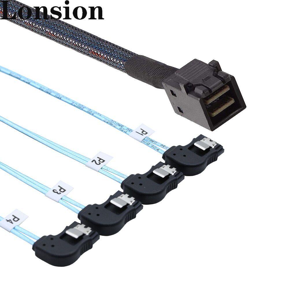 MINI SAS HD SFF-8643 to 4 Port SATA Left-angle Connection Cable for Server