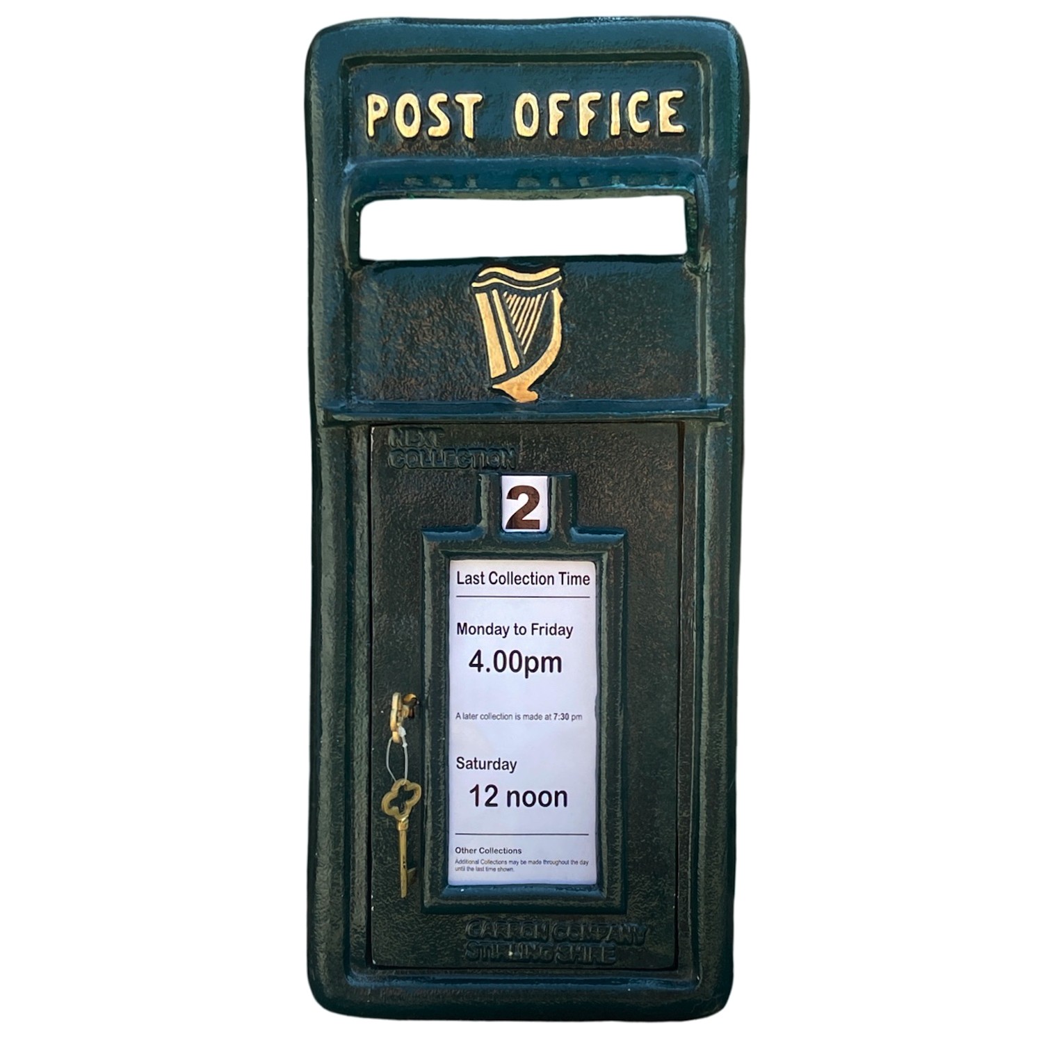 Gaelic Harp Irish Mailbox Front in Green Cast Aluminum Post Office Replica