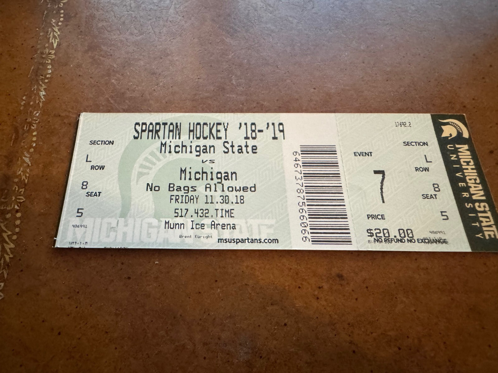 2018 Michigan State Spartans v Michigan Wolverines Hockey Ticket 11/30