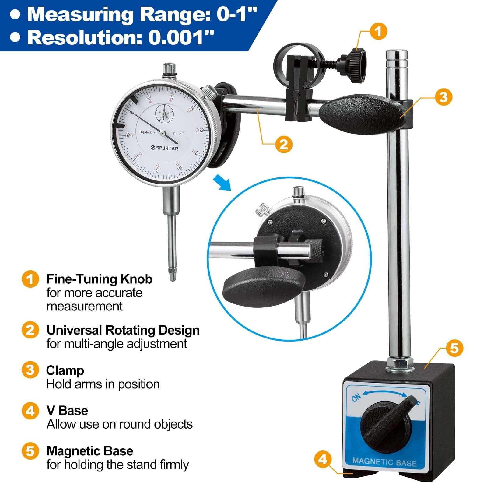 Spurtar Dial Indicator with Magnetic Base + 3pcs Wire Gauge Measuring Tool