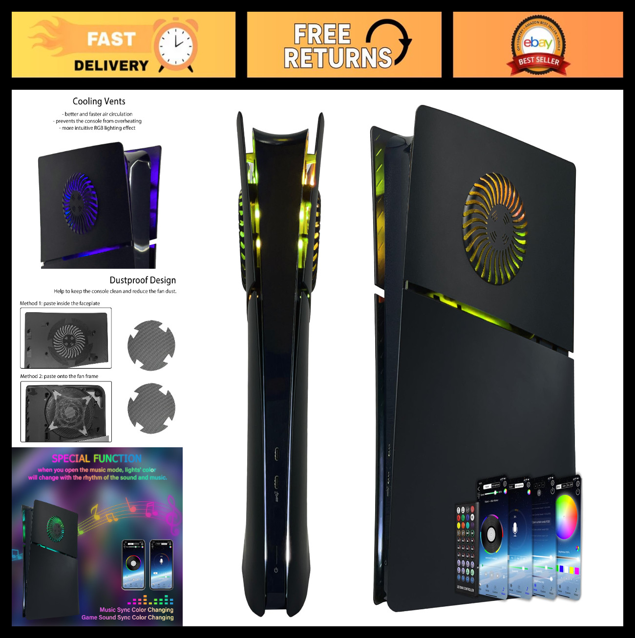 PS5 Slim Digital Edition Cover Plates with RGB Light Strip & Dust Filter, Coolin