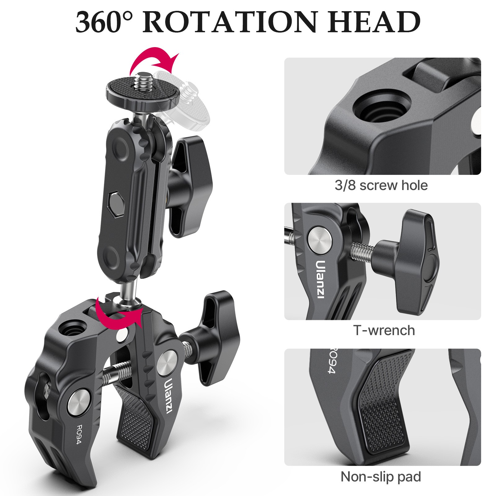 Super Clamp Camera Mount Clamp Pan 1/4 & 3/8 Thread Holes 360° Ball Head R094