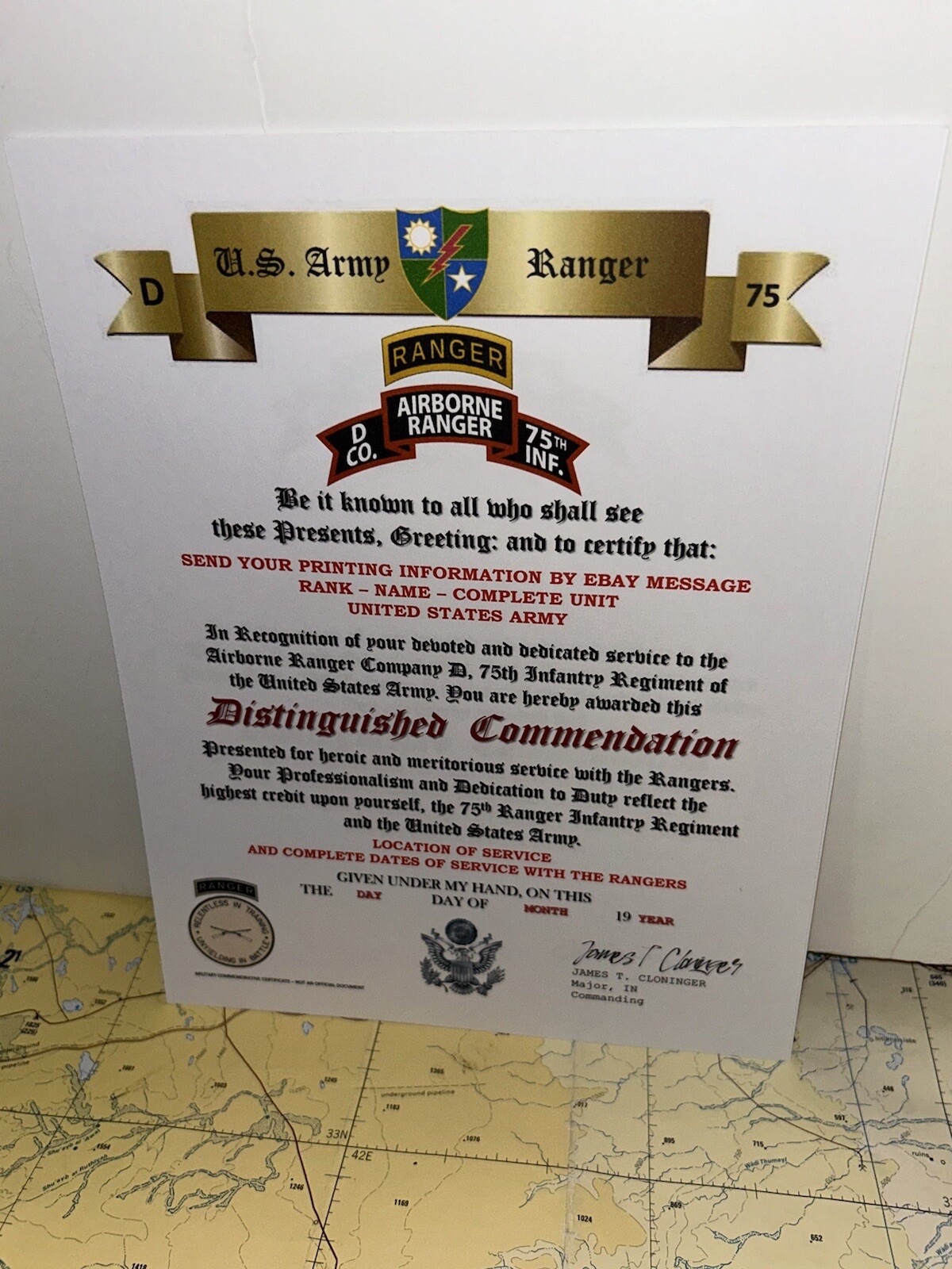 U.S. ARMY - D CO. 75TH RANGER INFANTRY / DISTINGUISHED COMMENDATION CERTIFICATE
