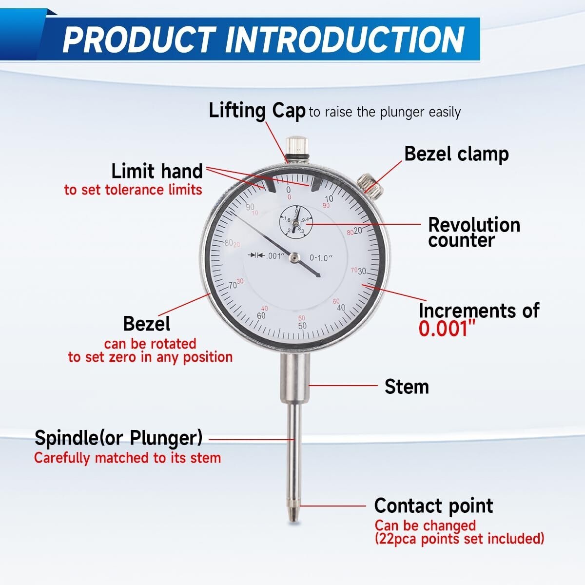 Dial Indicator with Magnetic Base 0.001"Precision Gauge Test Indicator Point Set