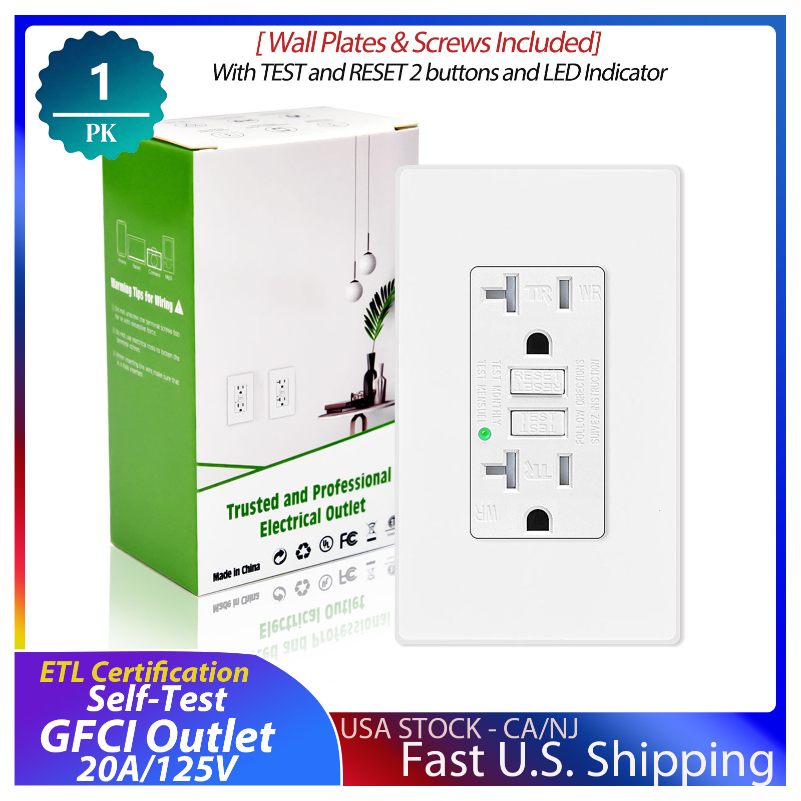 GFCI 20A Outlet 1PK,Self-Test White GFI Electrical Outlet,for School,Family,ETL