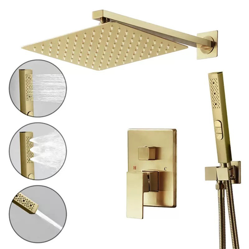 Brushed Gold Shower Faucet Set 10" Rain Shower Head w/ 3 Modes Handheld Valve