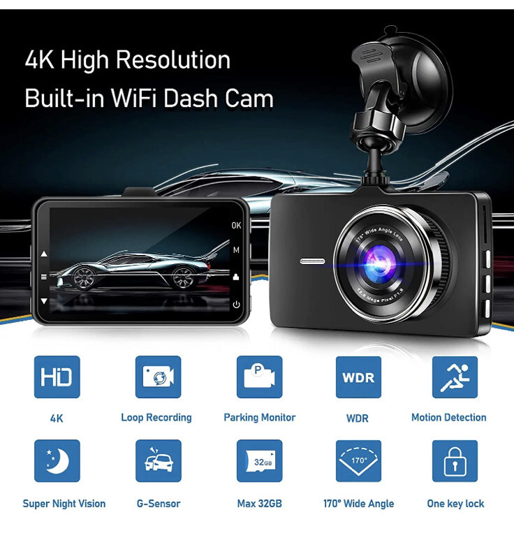 Korlagh Dash Cam 4K WiFi Dash Camera - 3" Dashcam with Super Night Vision