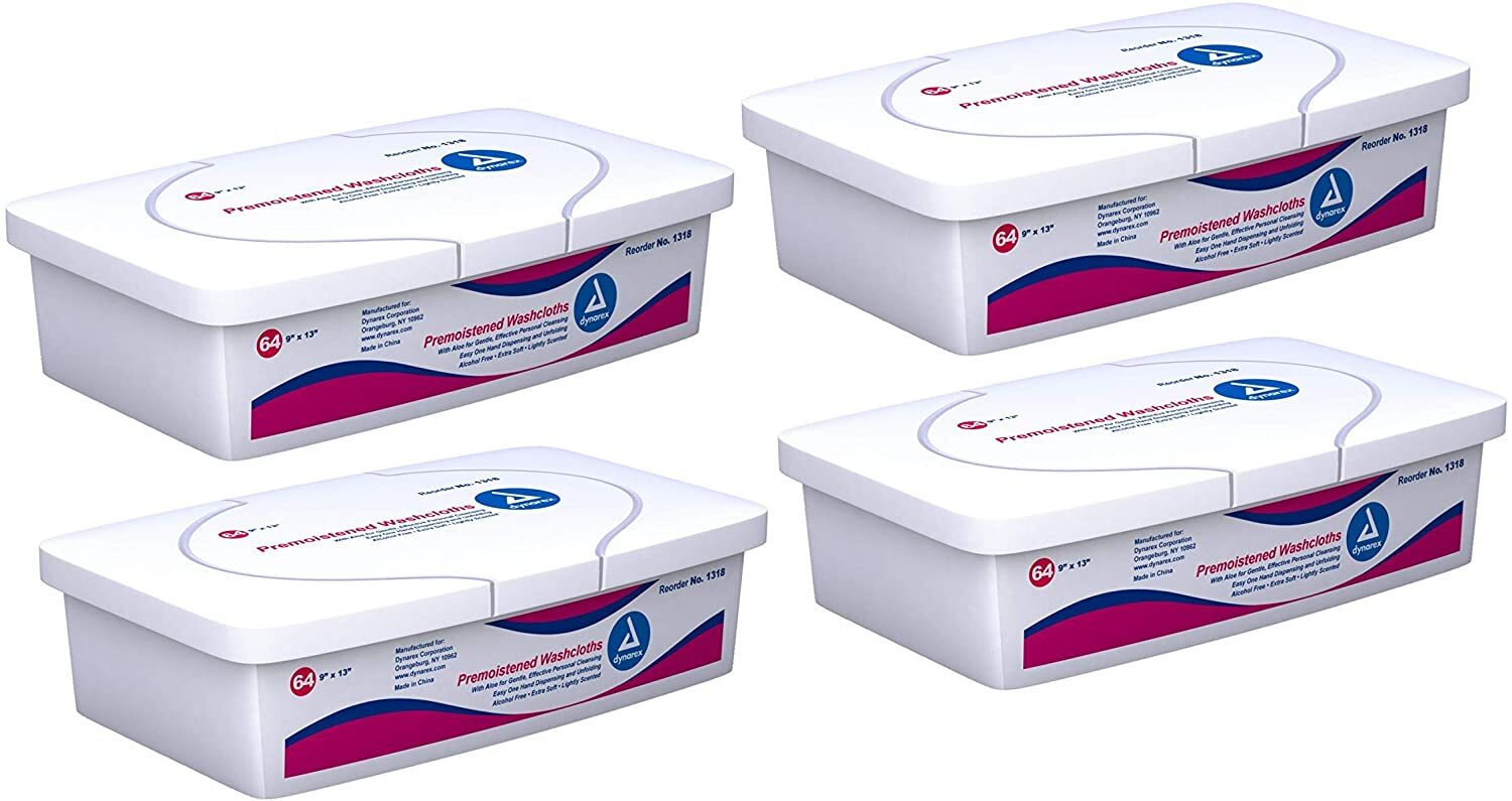 Dynarex 1318 Premoistened Adult Washcloths 9 in. x 13 in. Tub of 64 (Pack of 4)