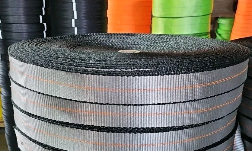 260' Roll of 2" Silver w/ Orange Center Stitch & Black Edges Tie Down Webbing