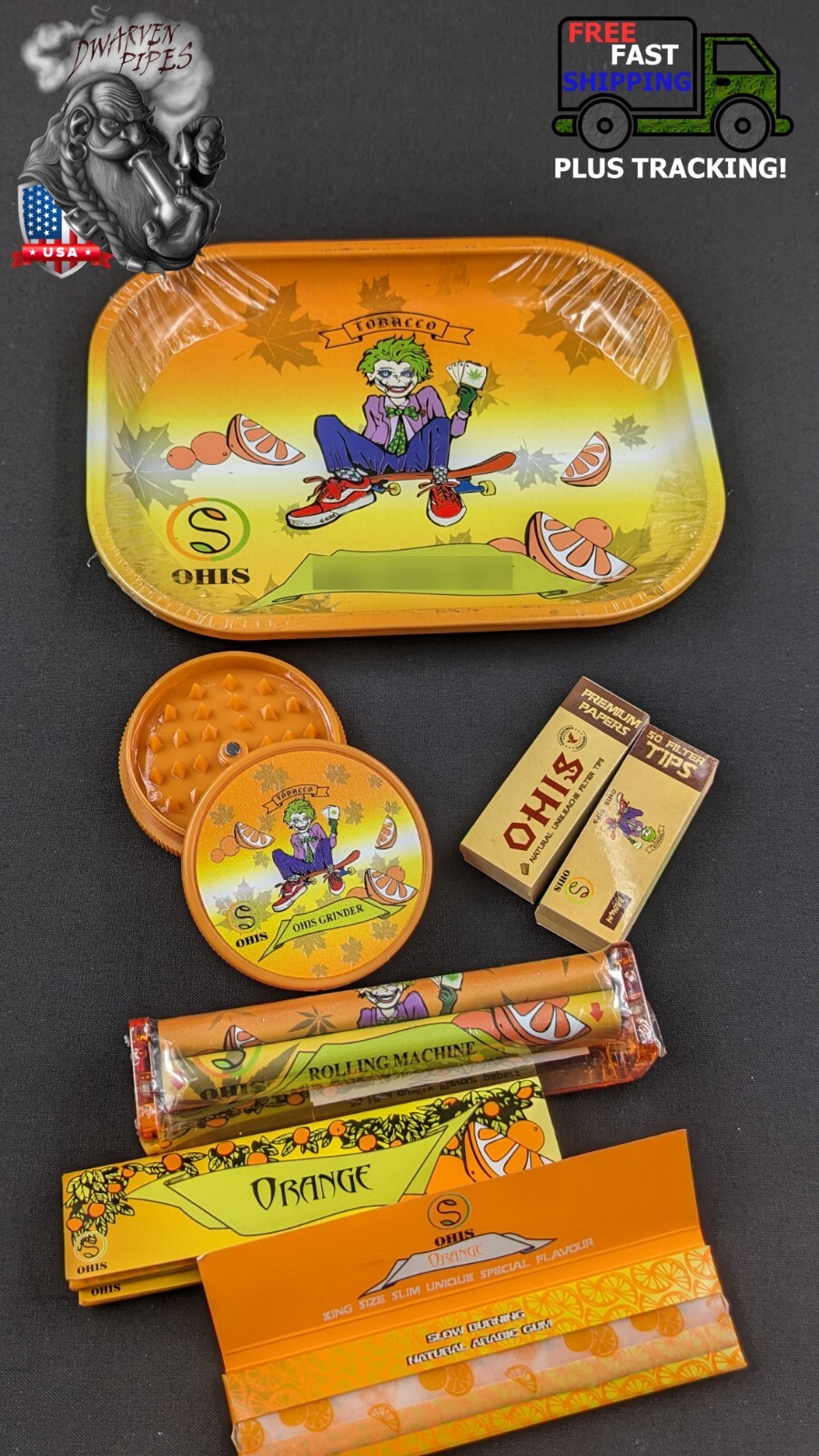 8 Tobacco Piece Rolling Papers & Tray Combo Set Orange