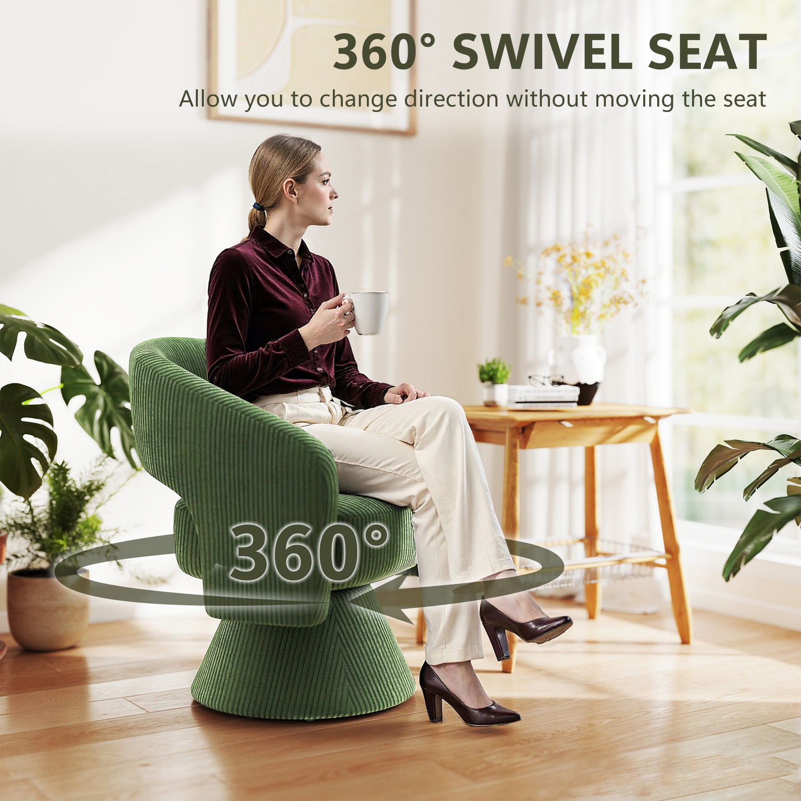 Swivel Barrel Chair, Modern Corduroy Accent Chair with Thick Padding, Green