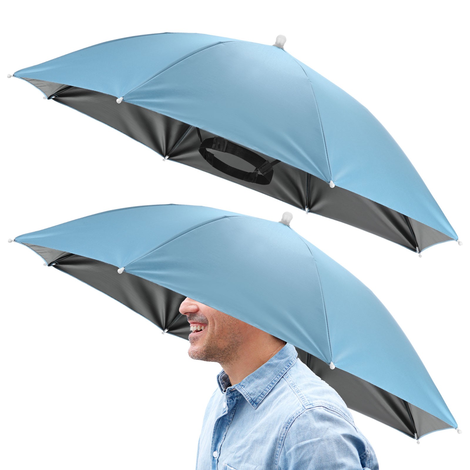 2 Pcs 26" Headband Umbrella Hat Black Glue Umbrella Cap for Outdoor [Sky Blue]