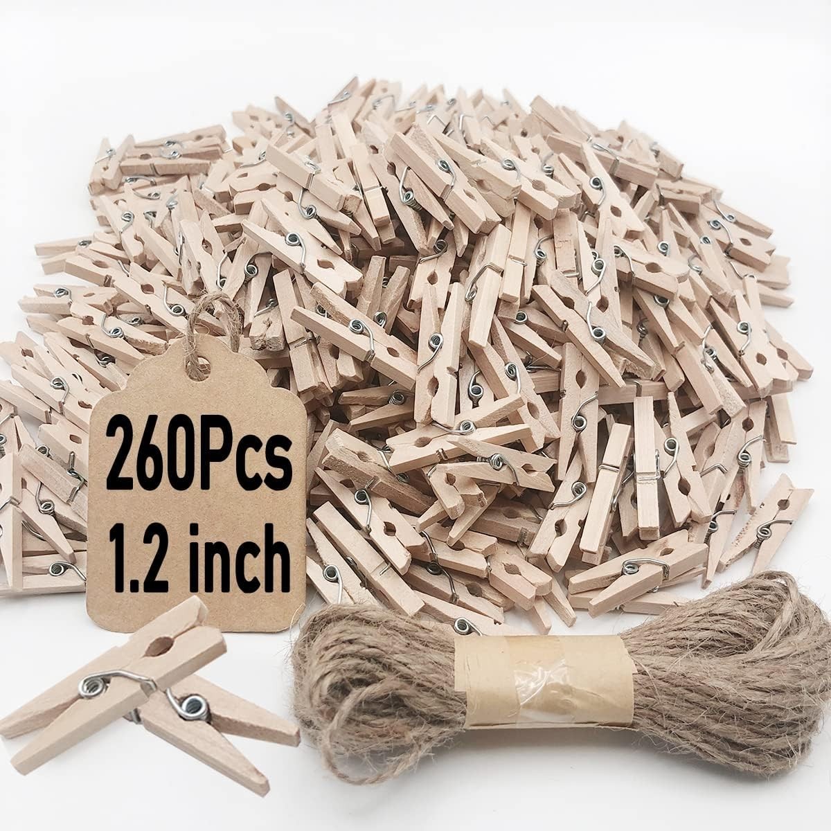 Mini Clothes Pins 260 PCS Small Wooden Clothes Pins with Jute Twine Clothespi...