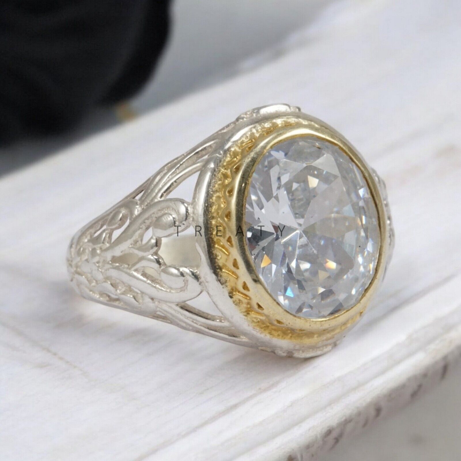 Moissanite Oval Cut Gemstone With 14K Solid White Gold Ring For Men's #A7