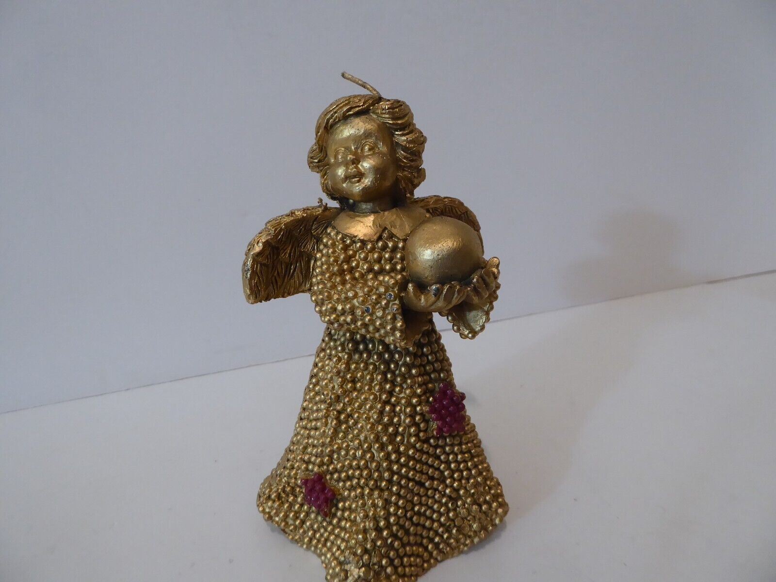 Angel Wax Candle 5.5” Gold Beaded Appearance with Red Stars, Vintage (S2
