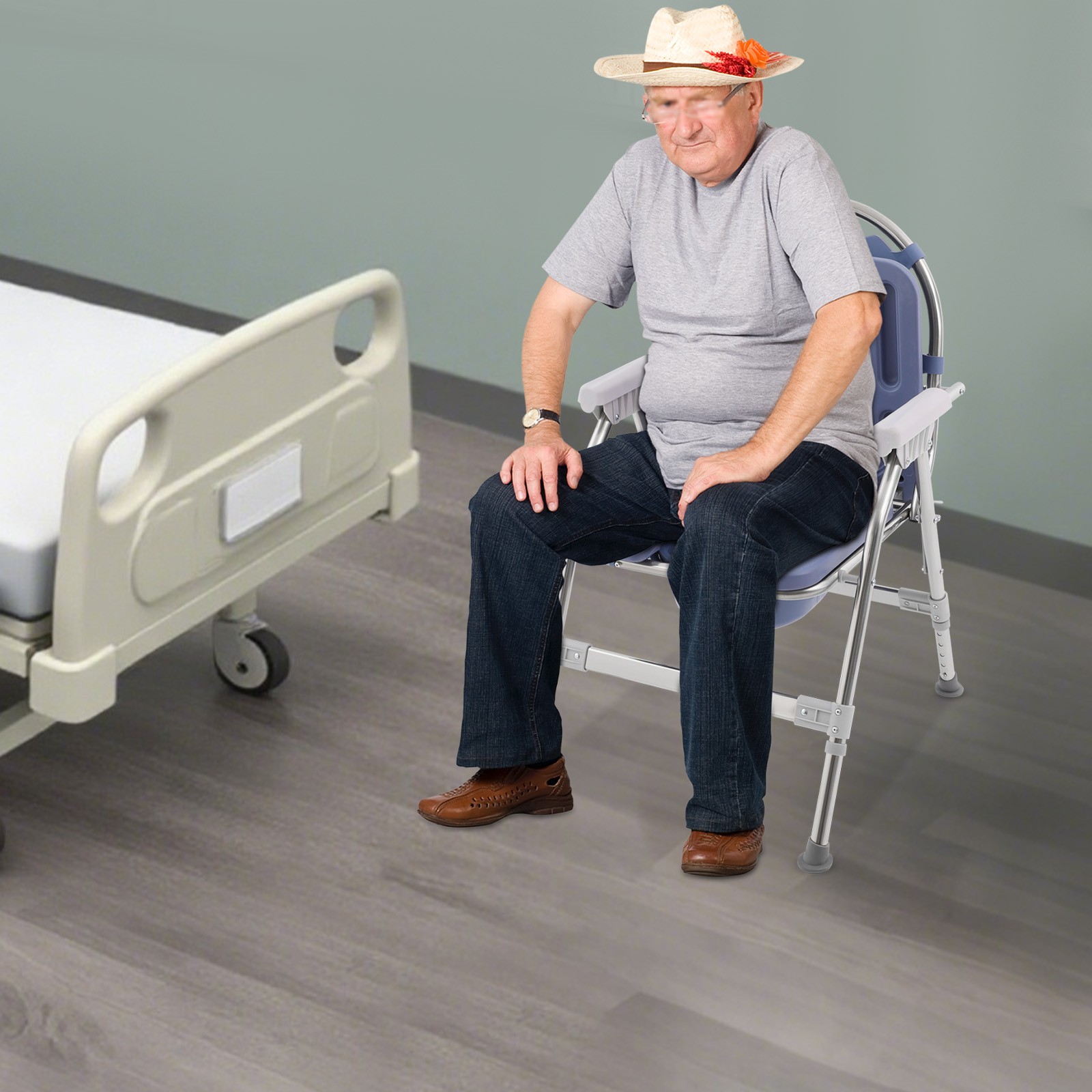 Toilet Chair With Padded Seat Plate And Toilet Bucket, Foldable Toilet ChairBlue