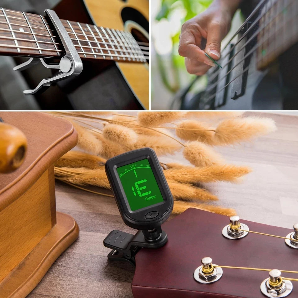 Guitar Tuner Cip On Chromatic LED & Capo & Picks Holder Kit Bass Violin Ukulele