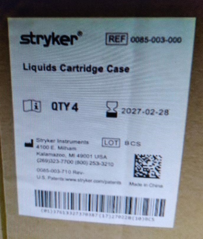 Stryker 0085-003-000 Liquids Cartridge Cases (4/Cs) - NEW
