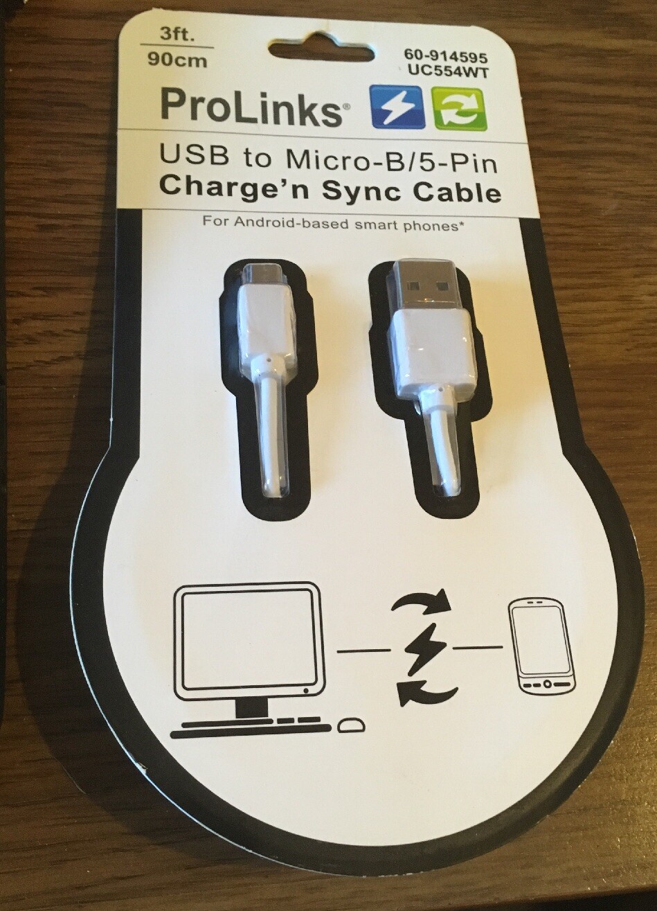 ProLinks USB to Micro-B 5 Pin Charge 'nSync 3' Cable Android Smart Phones . NEW