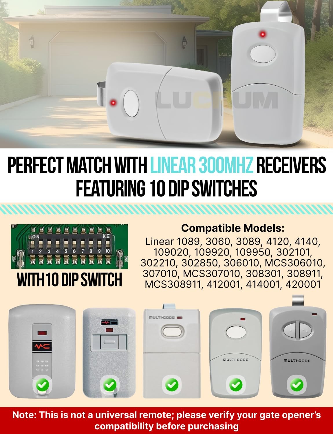 Lucrum for Linear 3089 Multicode Gate Opener Remote - 300 MHz 10 Dip Switch G...