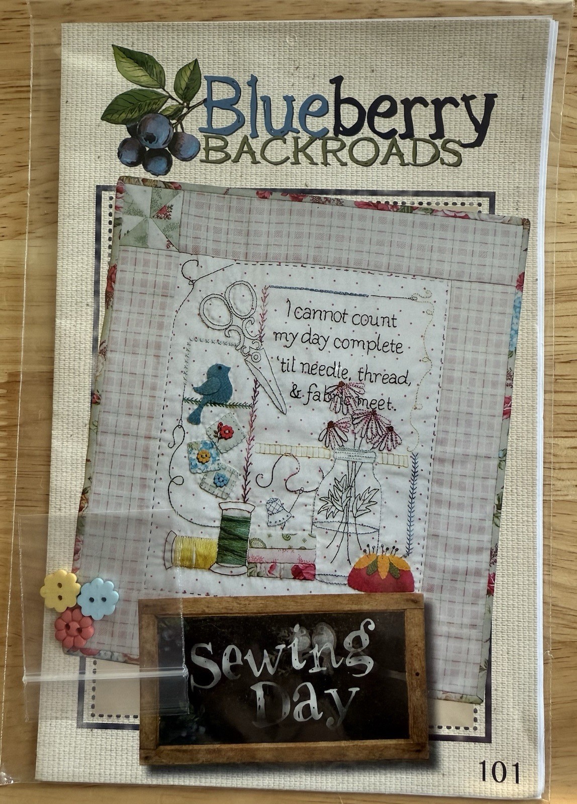 Blueberry Backroads SEWING DAY Embroidery Pattern w Flower Button Embellishments