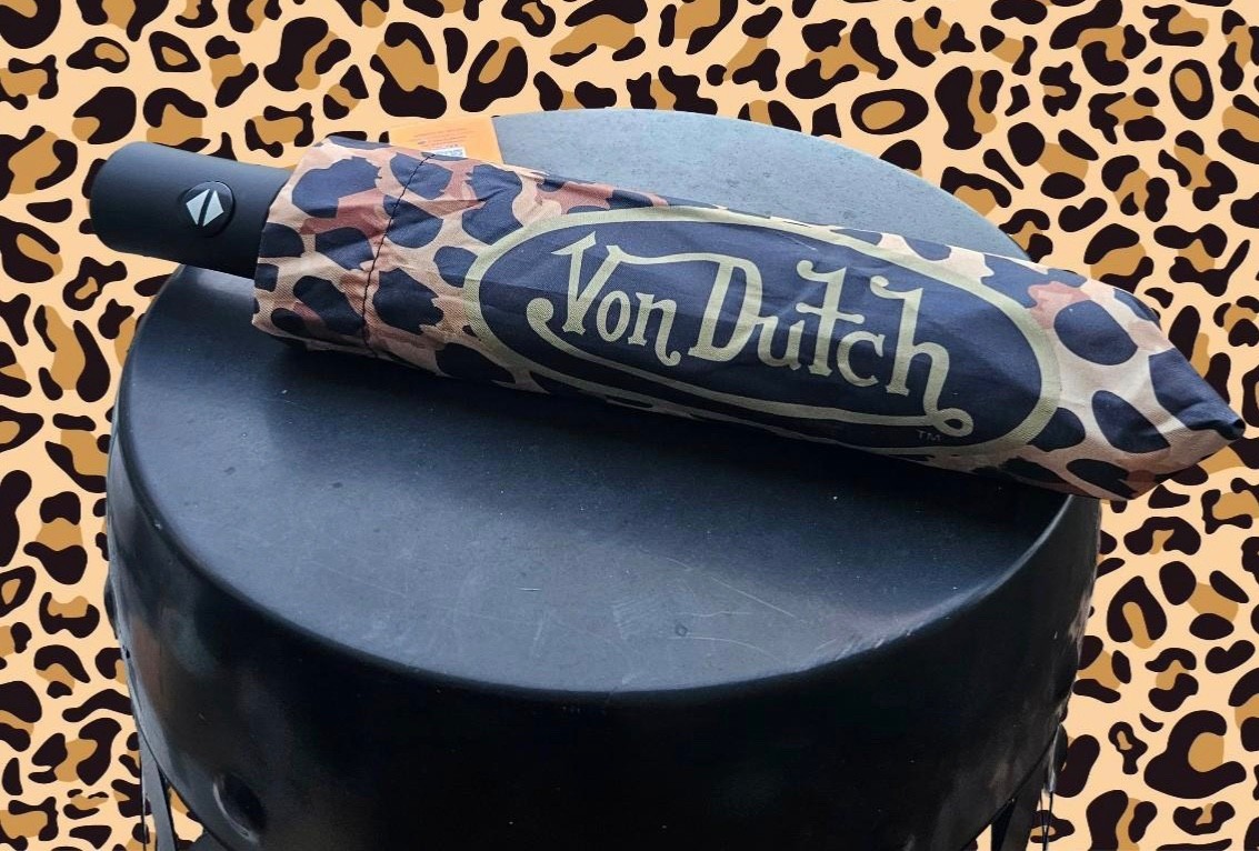 Von Dutch Cheetah Print Umbrella with Cover Automatic Open Viral Y2K Style NWT