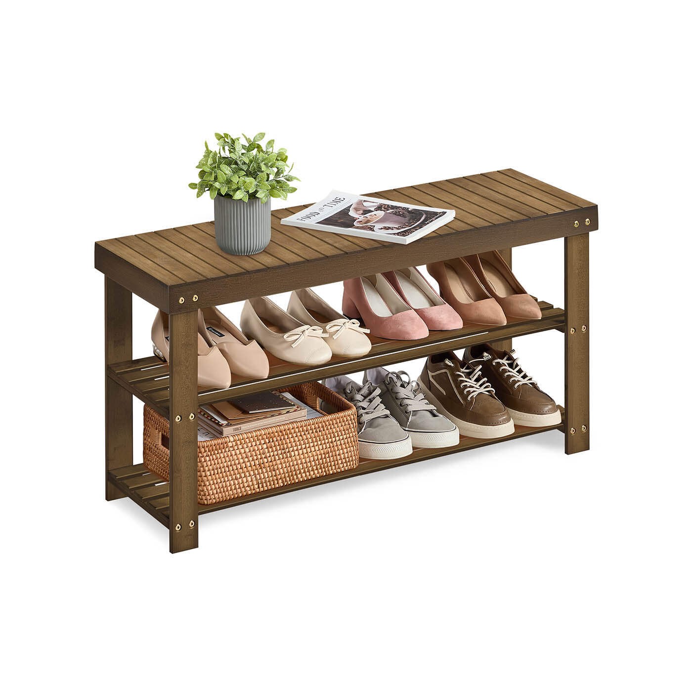 Shoe Rack Bench 3-Tier Bamboo Shoe Storage Organizer Yellow Brown