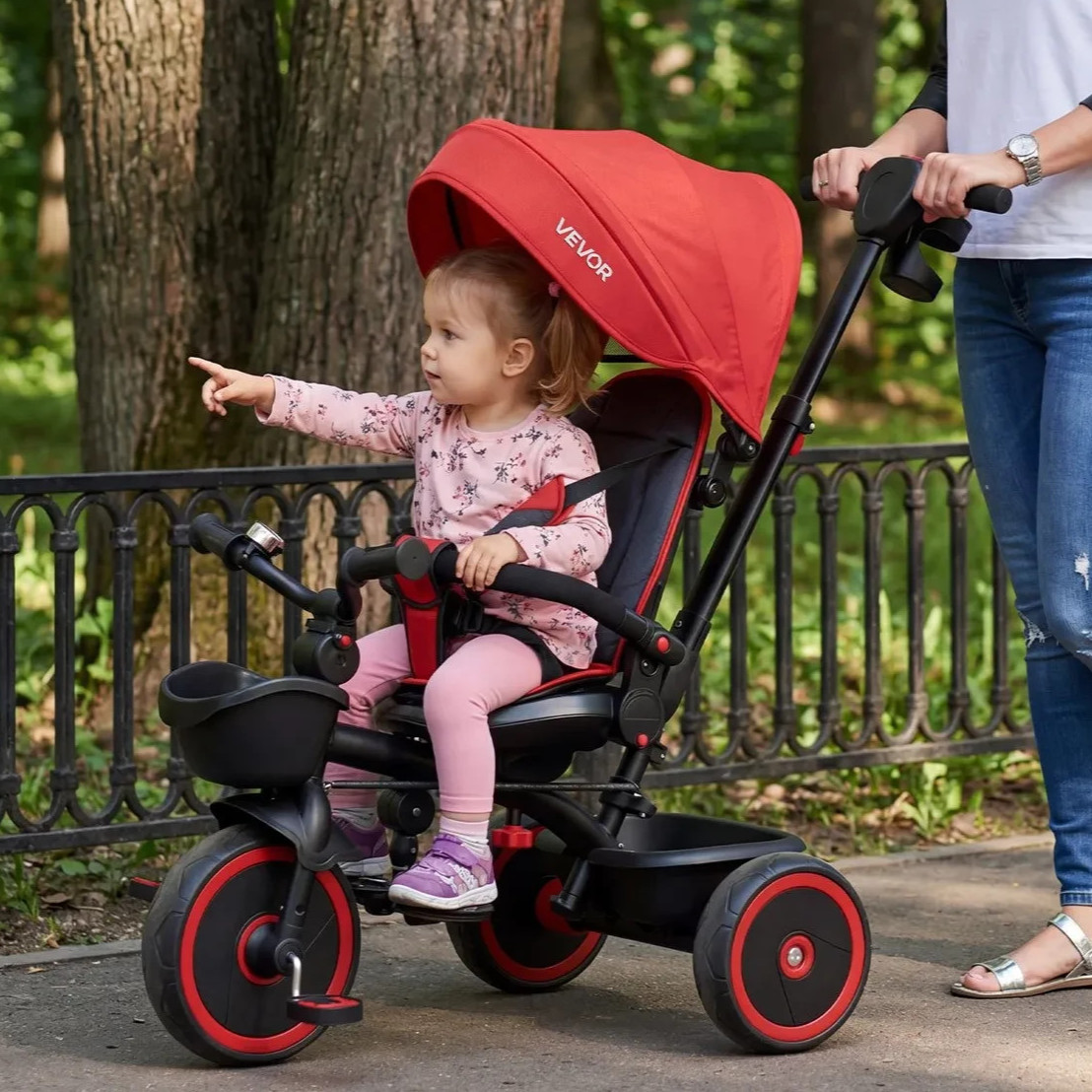 6-in-1 Toddler Tricycle Stroller w/ Push Handle Canopy Kids Trike 1-5 Red