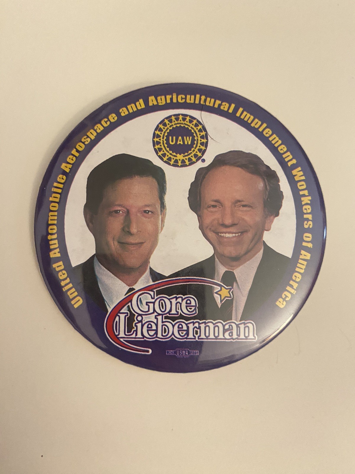 UAW Gore Lieberman Pin Back Button P83