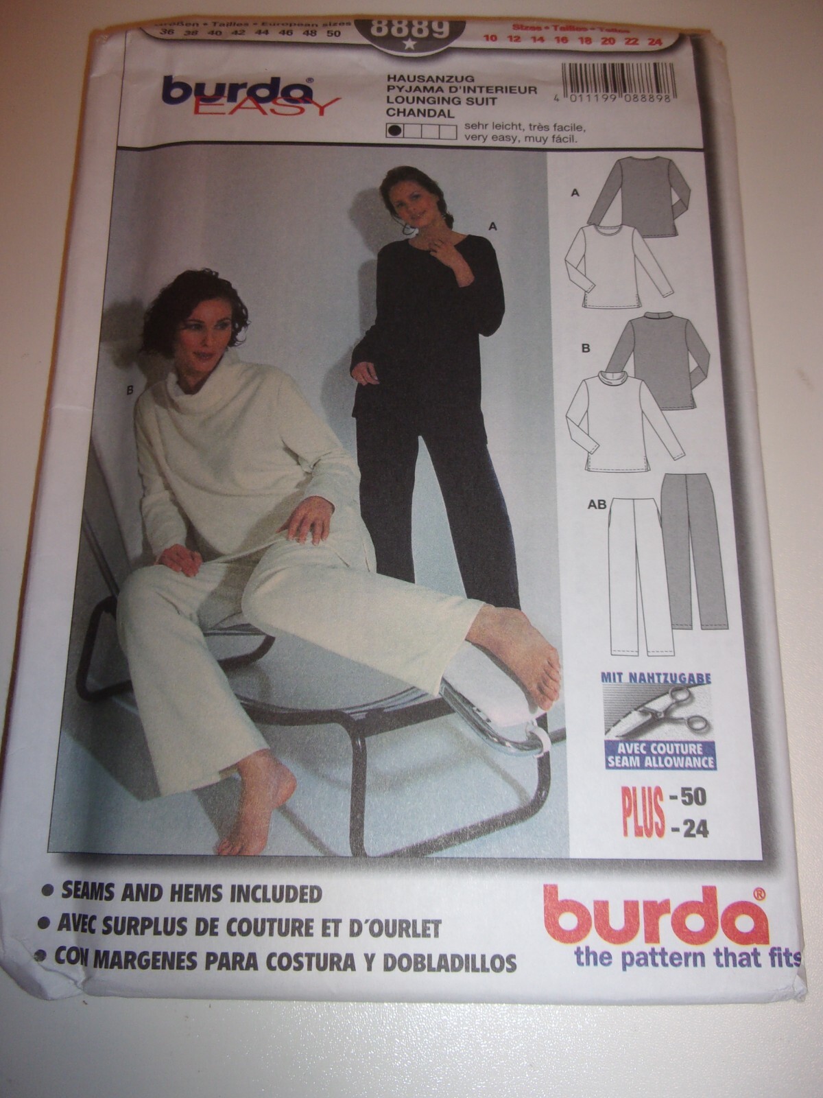 BURDA #8889 -   EASY LOUNGING SUIT - PANTS, SHIRT, SIZE 10-24