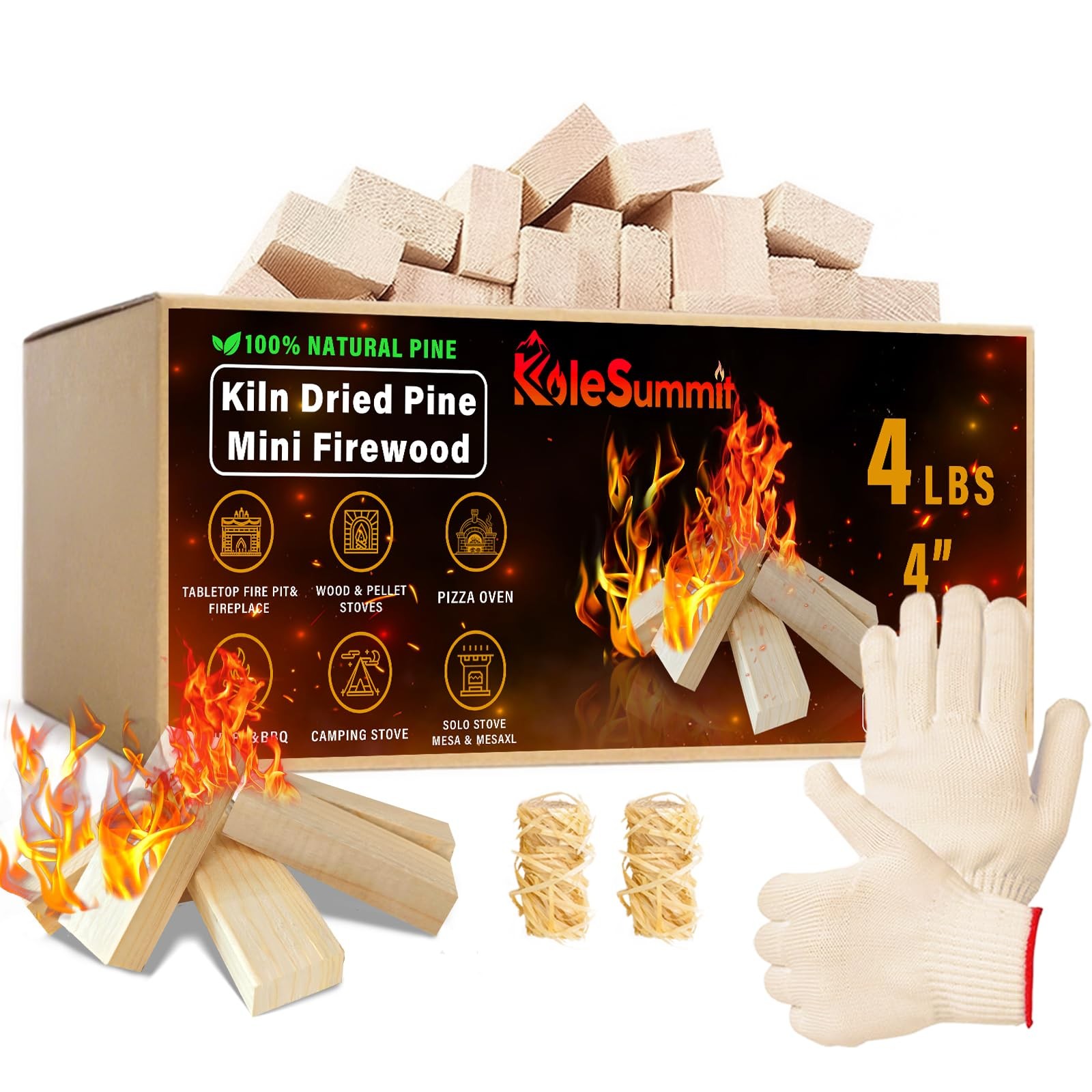 Mini Fire Stick with Fire Starters Gloves 4" Kiln Dried Pine Small Barkless K...