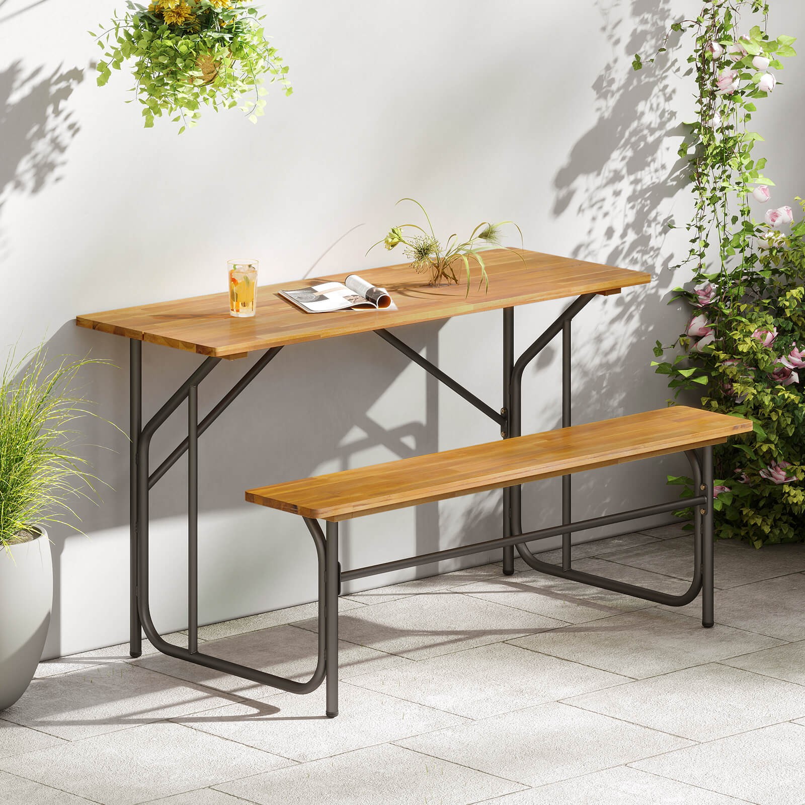 2PCS Table Bench Set for 2 Picnic Table & Loveseat w/Acacia Wood Top Metal Legs