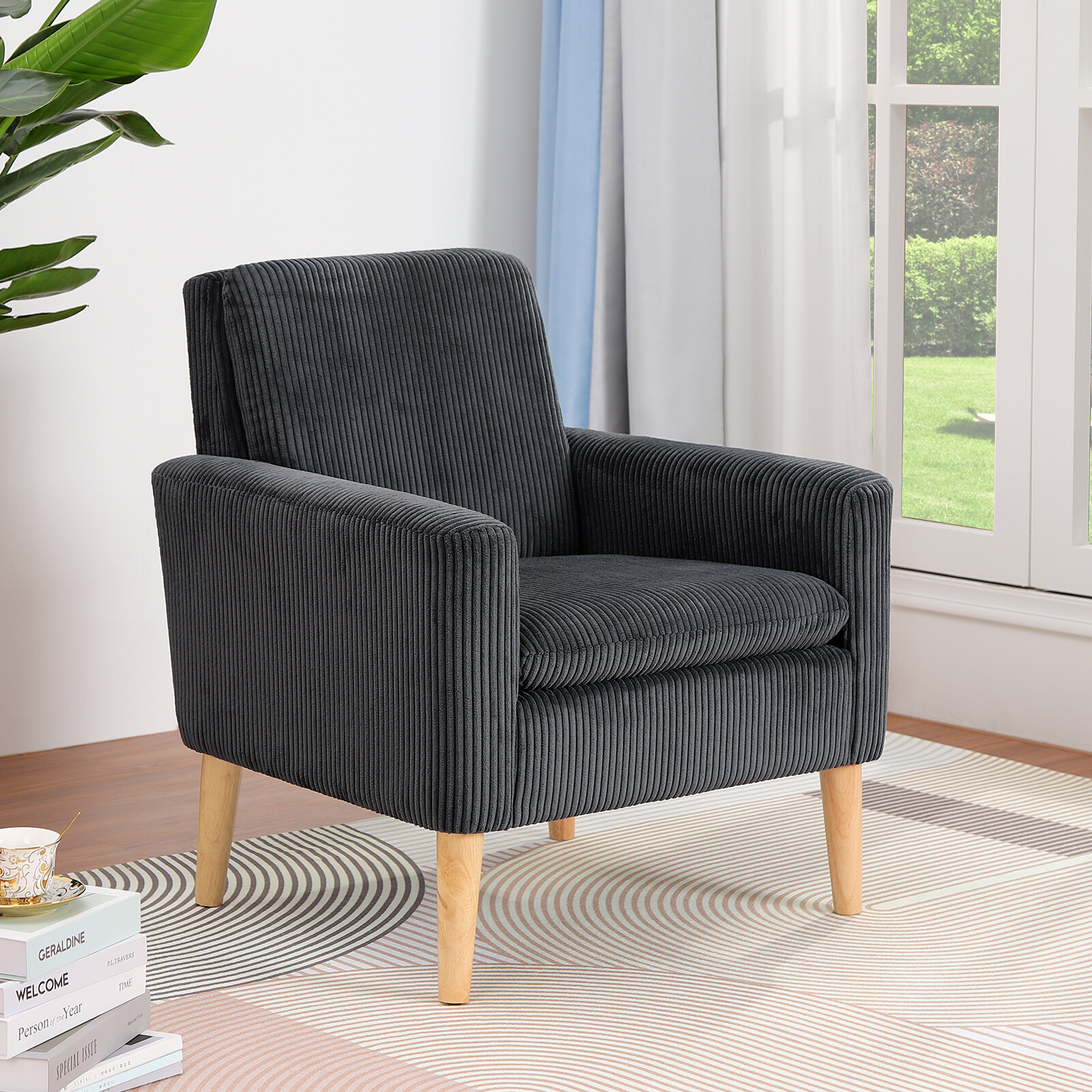 Corduroy Fabric Accent Chair Upholstered Comfy Single Sofa Wood Legs Black US