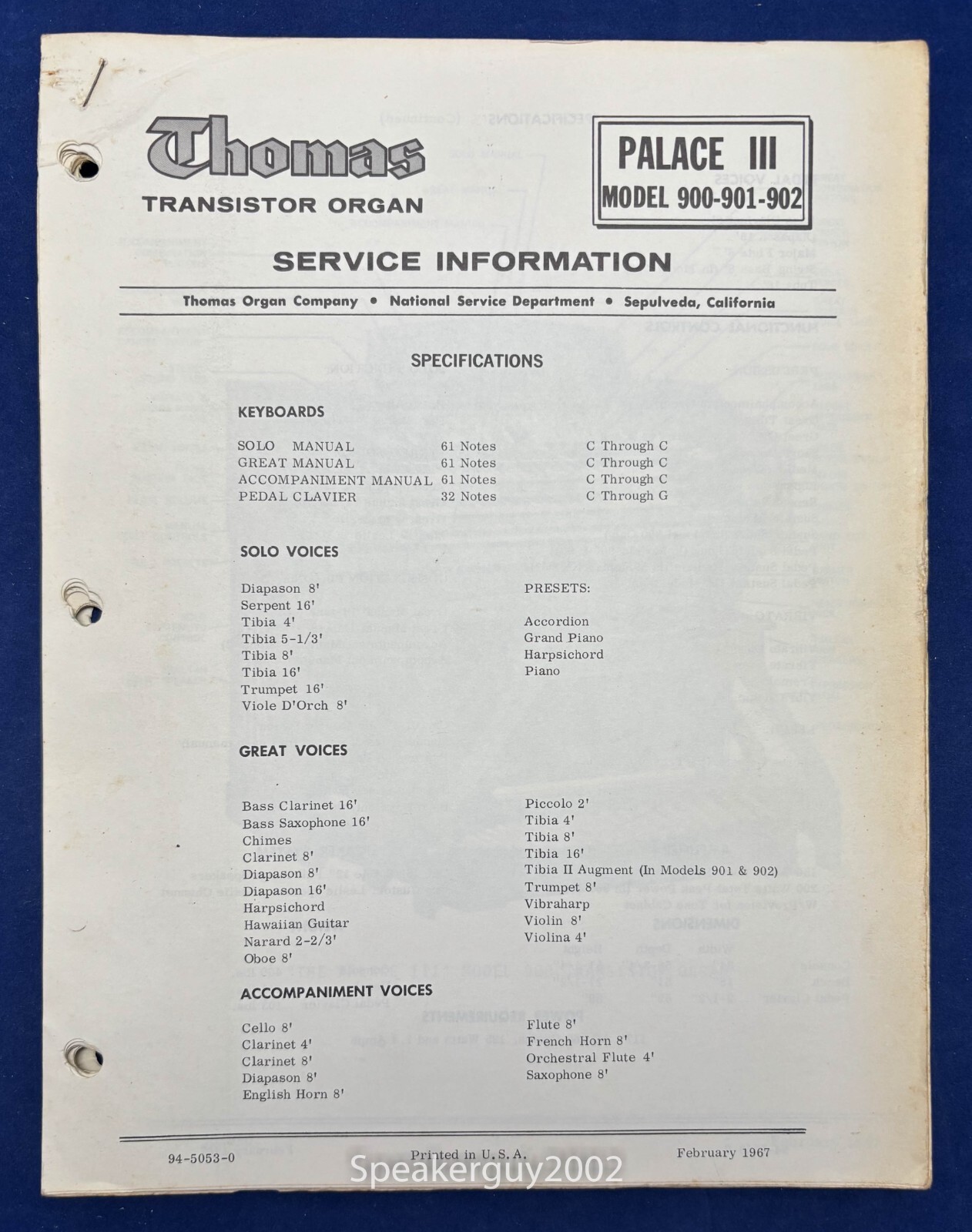 Original Thomas Organ / Palace III 900 901 902 / Service Info Manual
