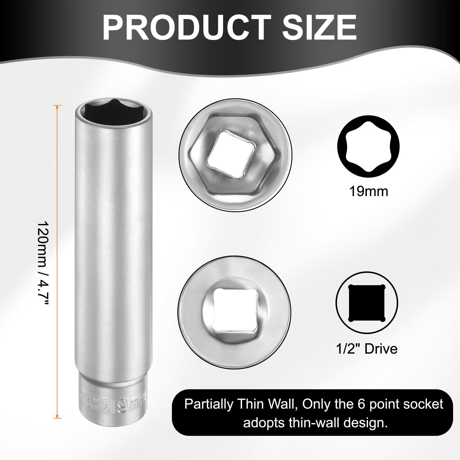6 Points Deep Socket 1/2" Drive 19mm Nickel Plating Flip Sleeve 4.7" Long