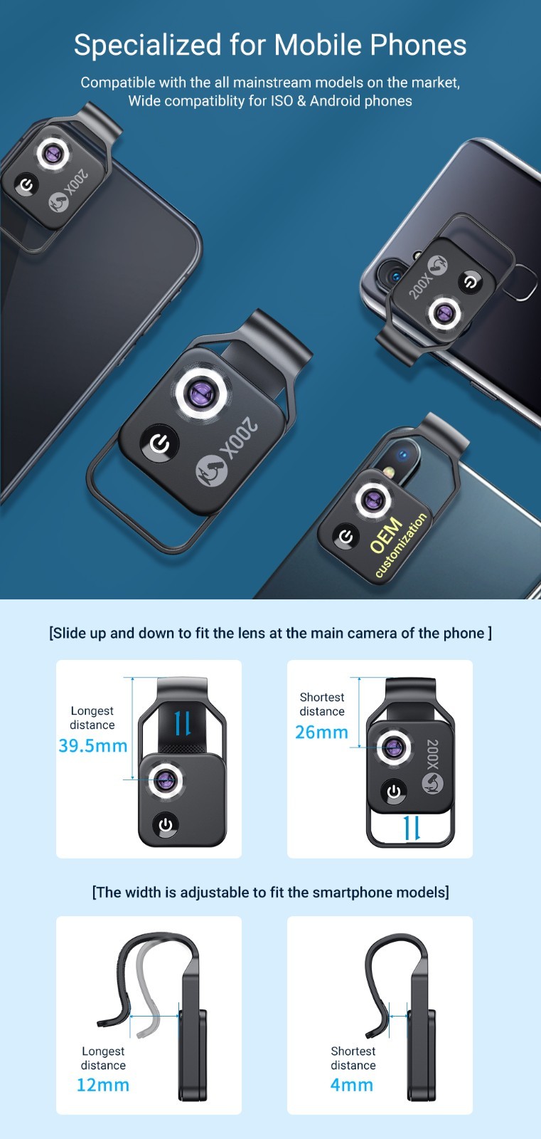 200X Microscope CPL Lens/LED Moveable Mobile Phone Magnification for Smart Phone
