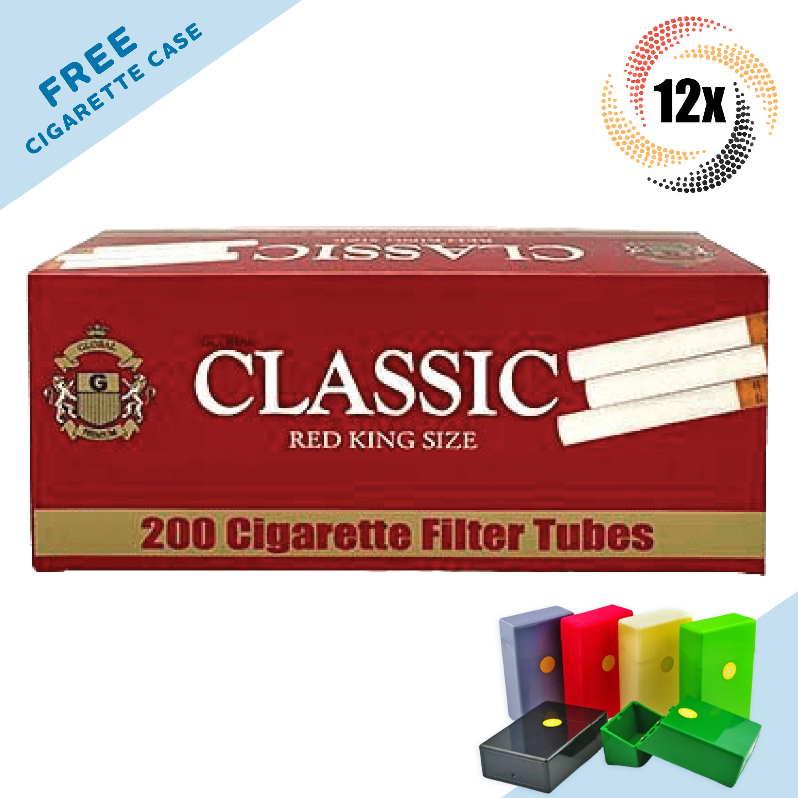 12x Boxes Classic Full Flavor KING SIZE ( 2,400 Tubes ) Cigarette Tobacco RYO