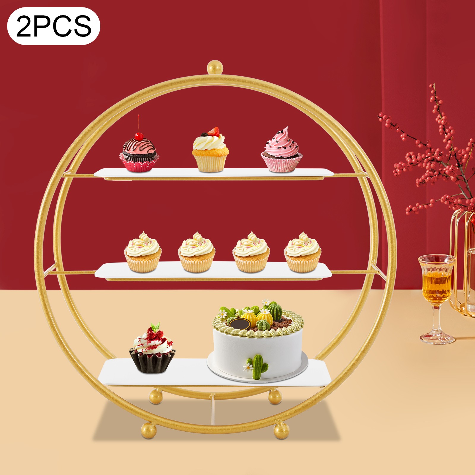 2 Pcs 3 Tier Gold Metal Tiered Cupcake Stand Circle Cupcake Holder Stand