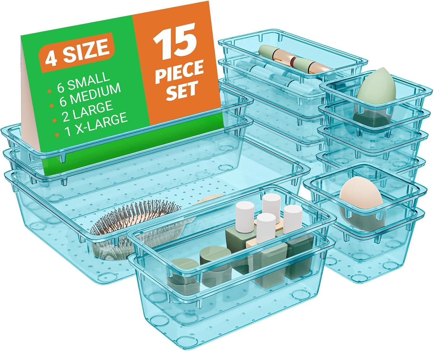 15 PCS Clear Plastic Drawer Organizer Set, 4-Size Acrylic Drawer Storage Trays,