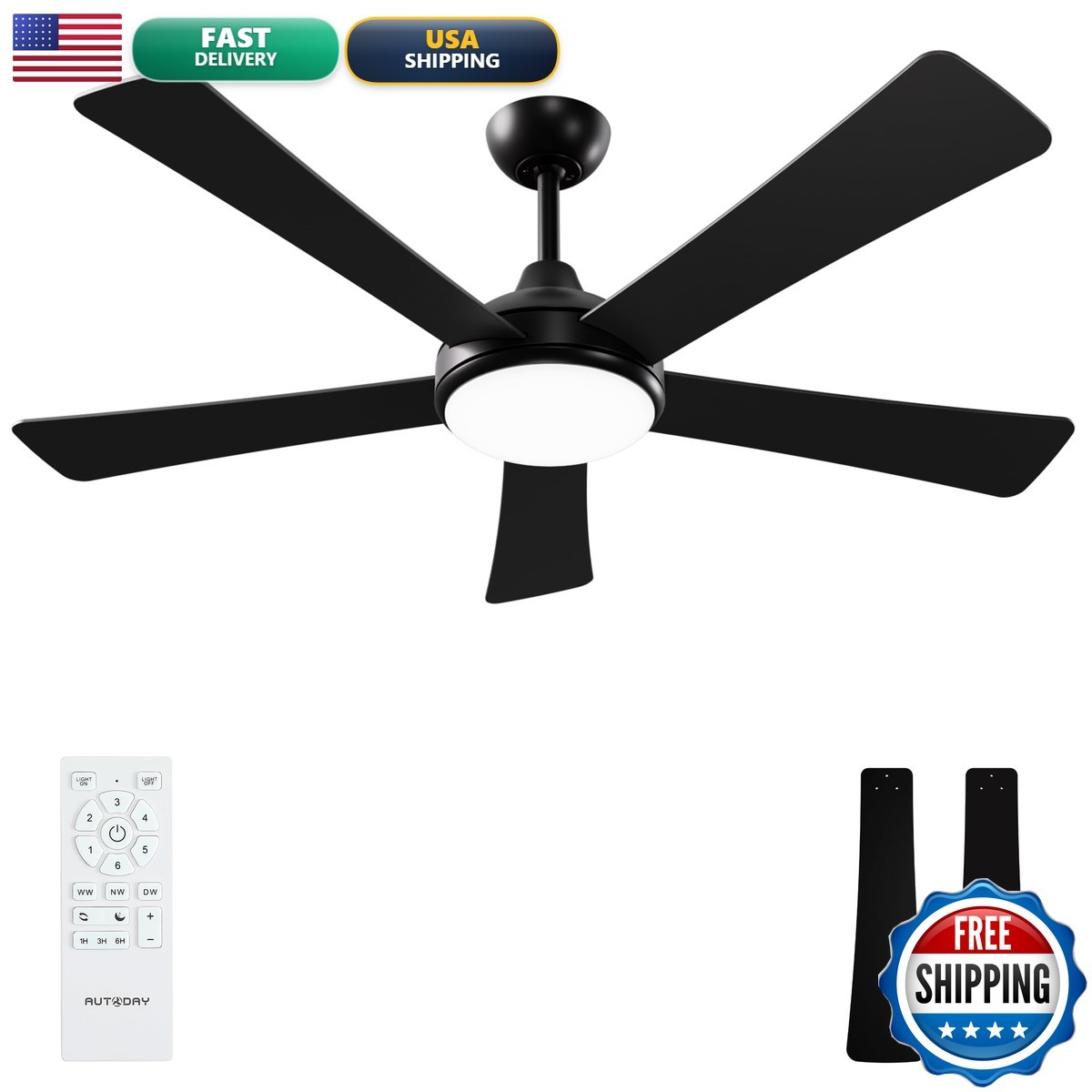Autoday 52 Inch Ceiling Fan with Lights & Remote, Black, Quiet DC Motor