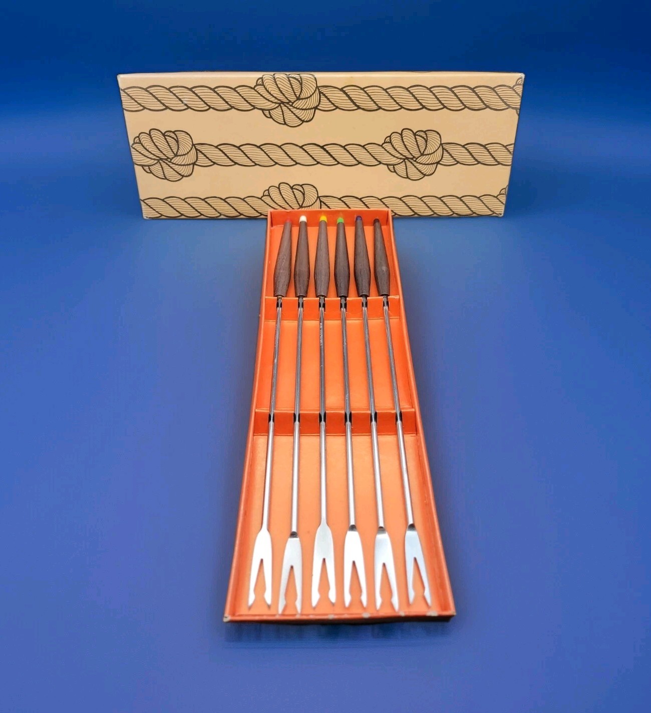 Set Of 6 MCM Westwood Wood Fondue Forks Color Coded Tips Box Japan 1971 10.5"