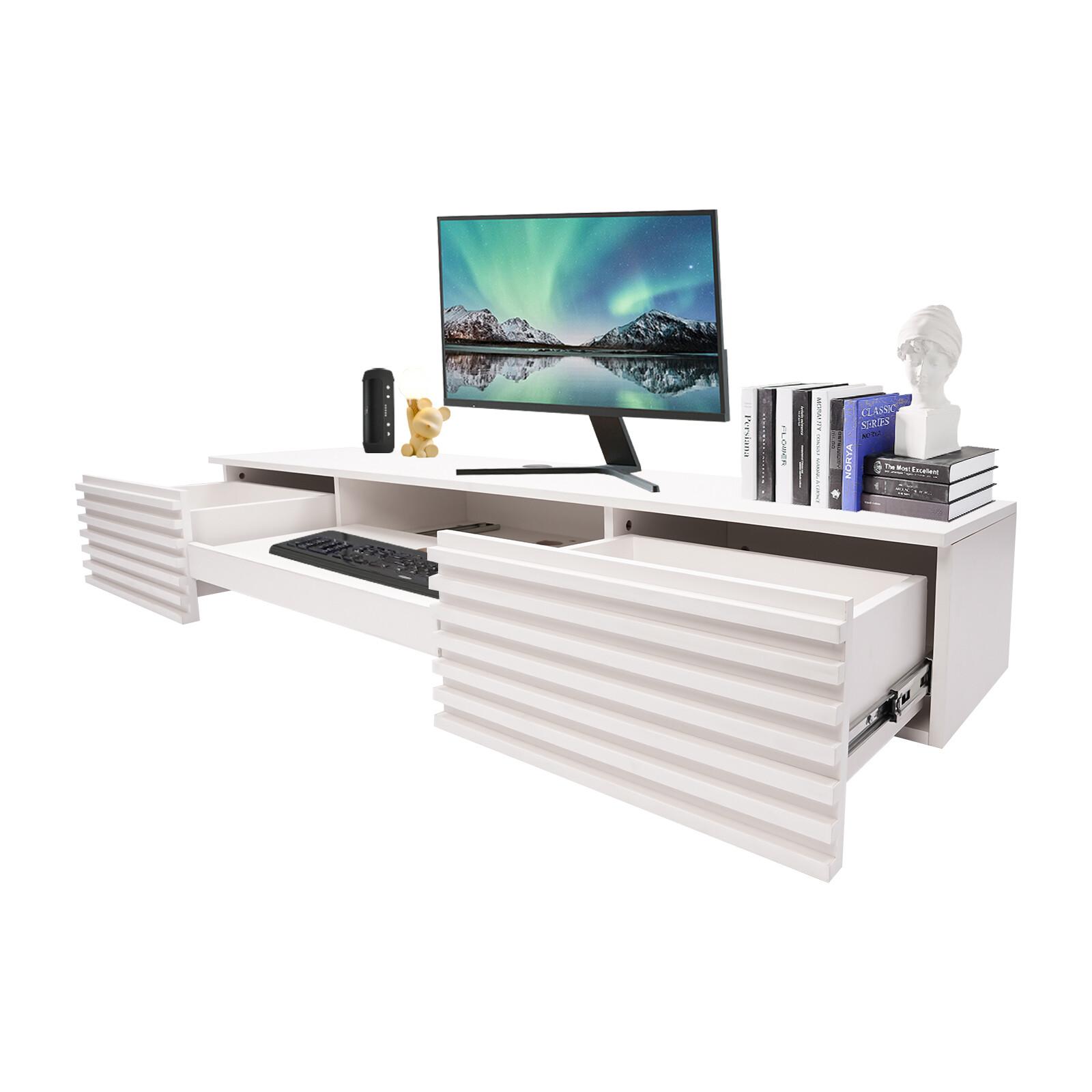 White Floating Wall Mounted Desk with Pull Out Drawer Wall Organizer 120lbs