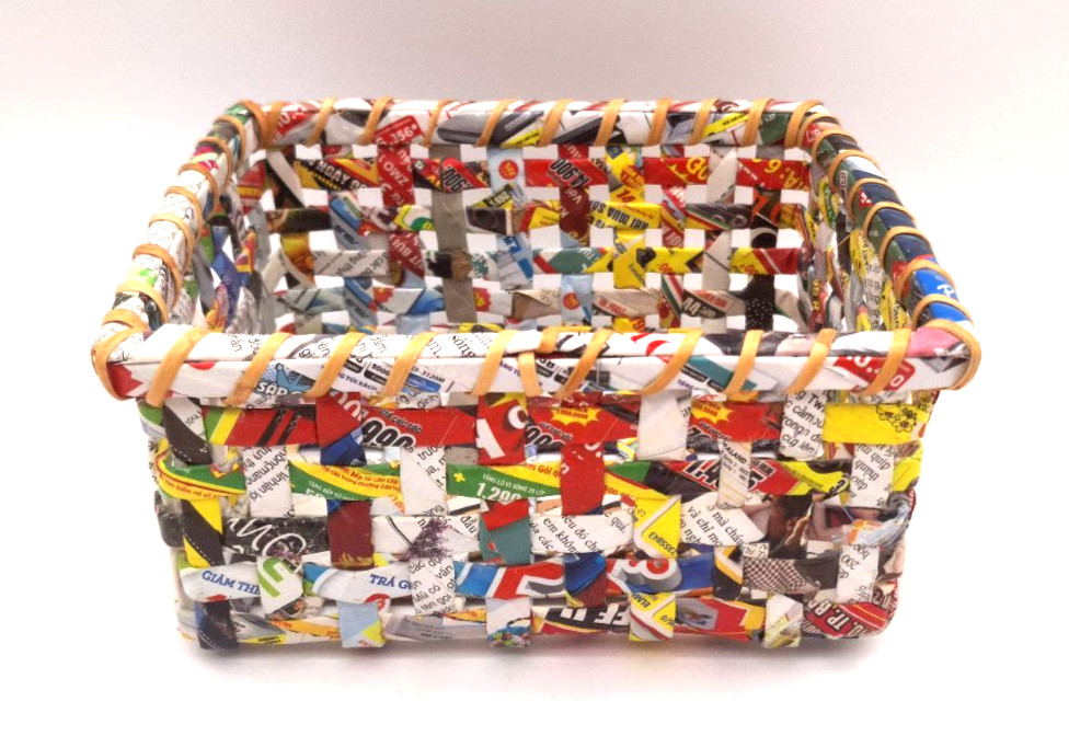 Handcrafted Recycled Magazines Rectangular Basket Artisan Upcycled Box 8.25"