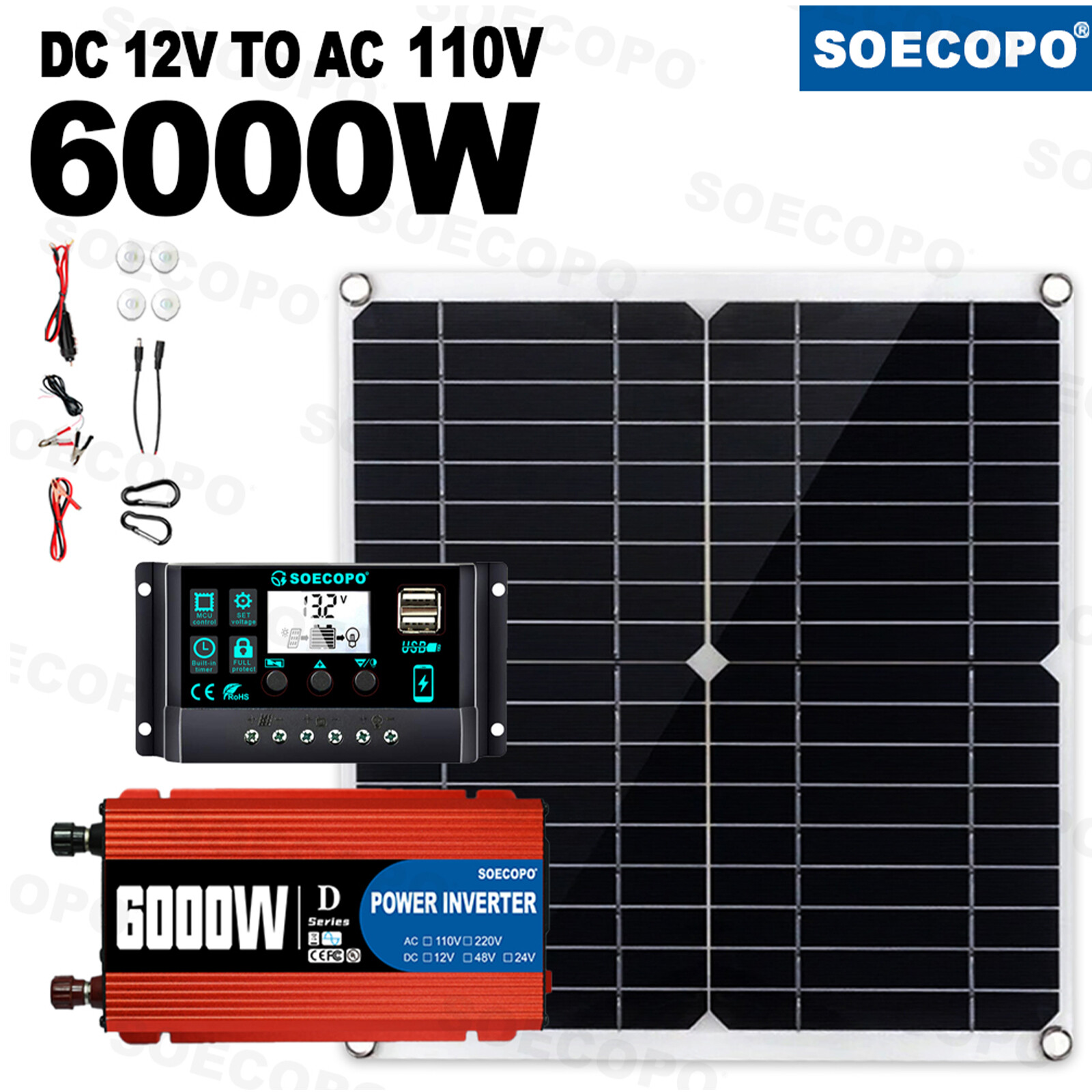 6000W 100A Solar Panel Set Solar Power Inverter Generator Home 110V Grid System