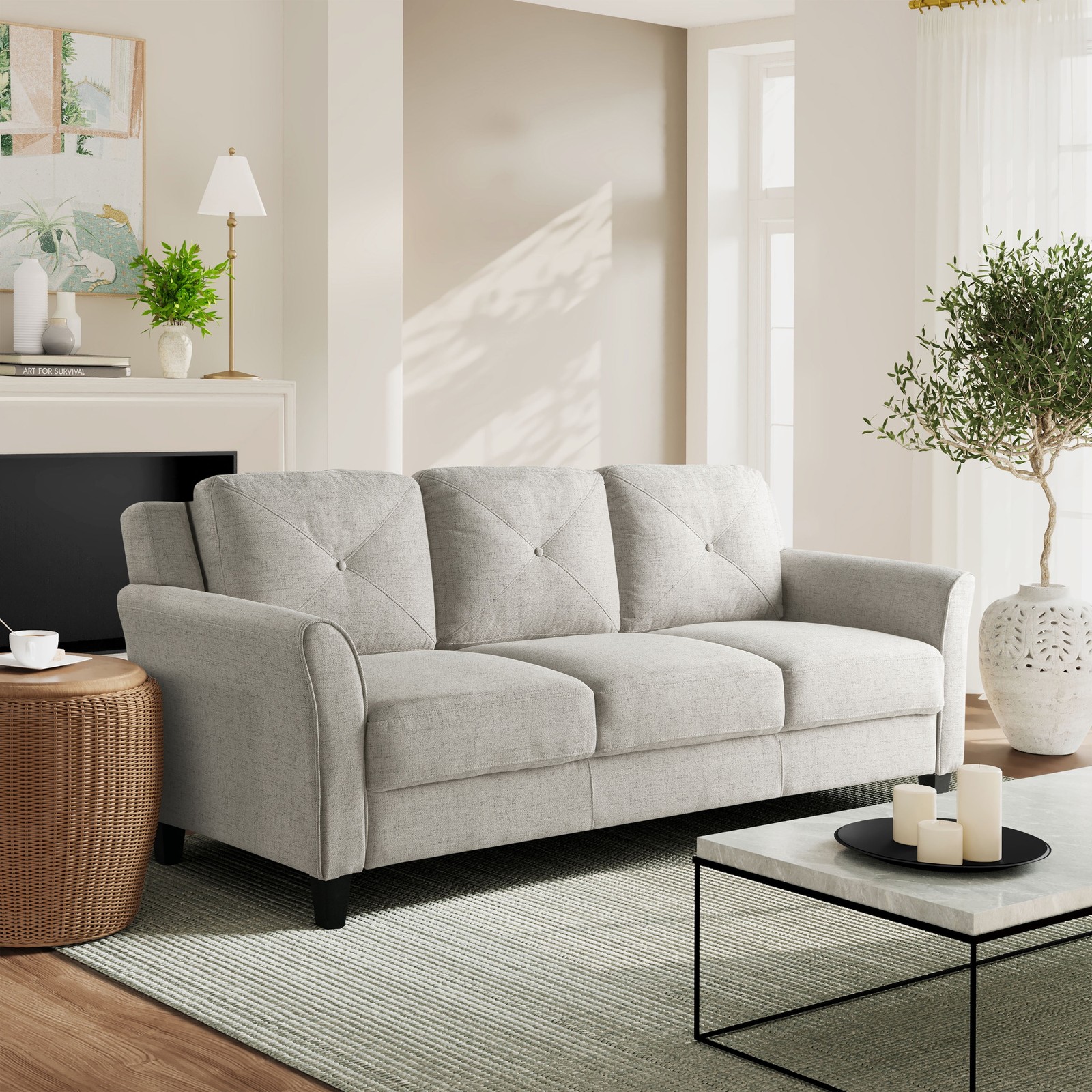 Beige Fabric Sofa Couch – Traditional Style, Curved Arms, Comfortable Living Roo