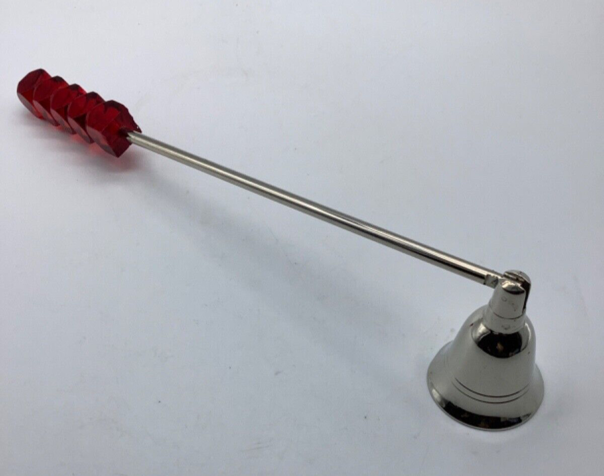 Bell Shape Candle Snuffer Silvertone w/Red Handle, Hinged, 9.5”