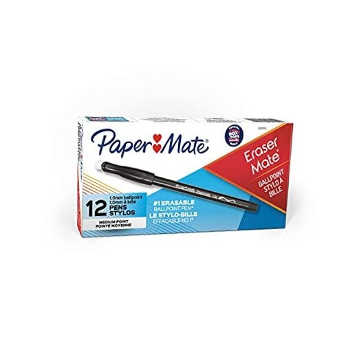 EraserMate Erasable Pen, Medium Point, Box of 12 Count (Pack of 1) Pens Black