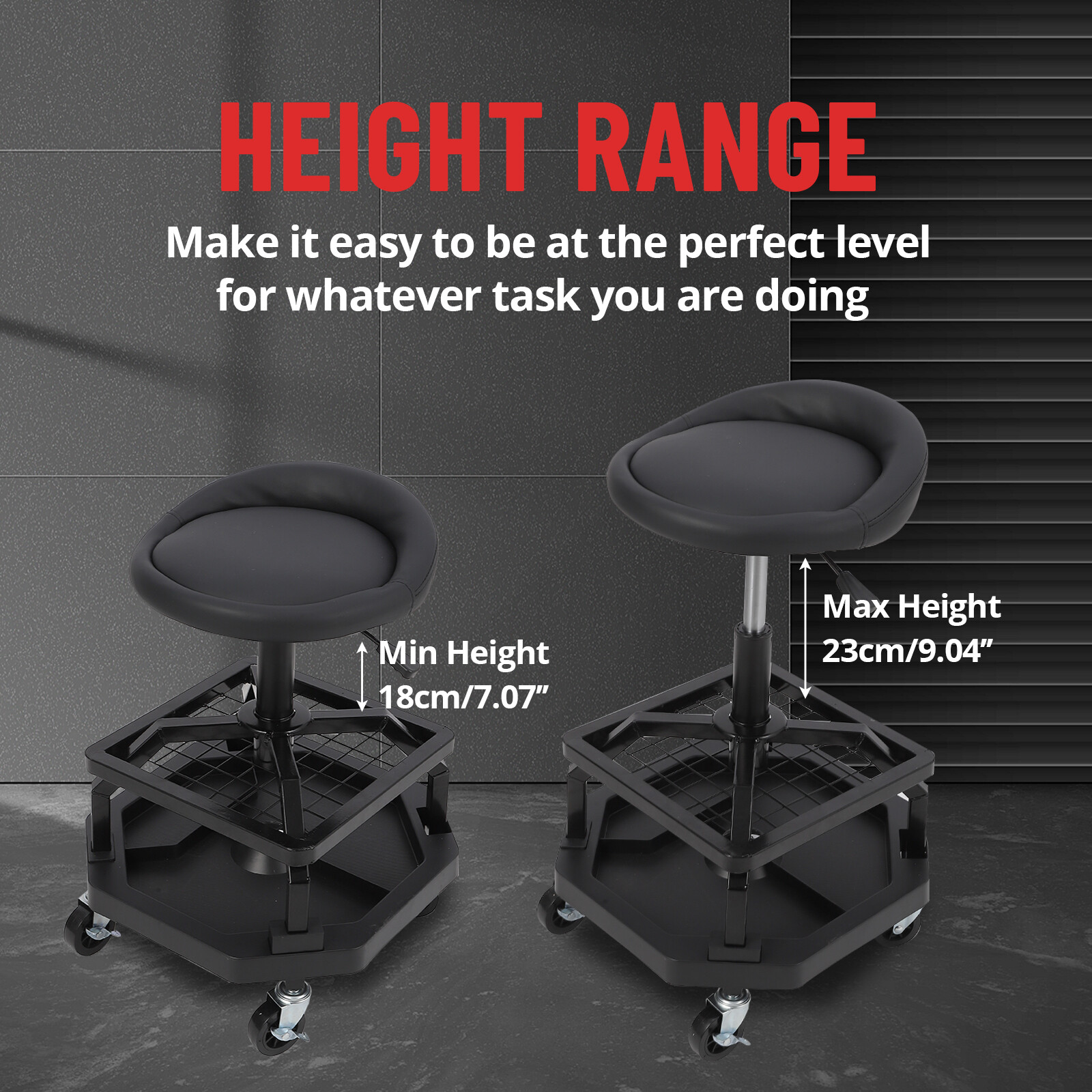 Rolling Garage Stool 300LBS Capacity Ample Tool Tray Storage Adjustable Height