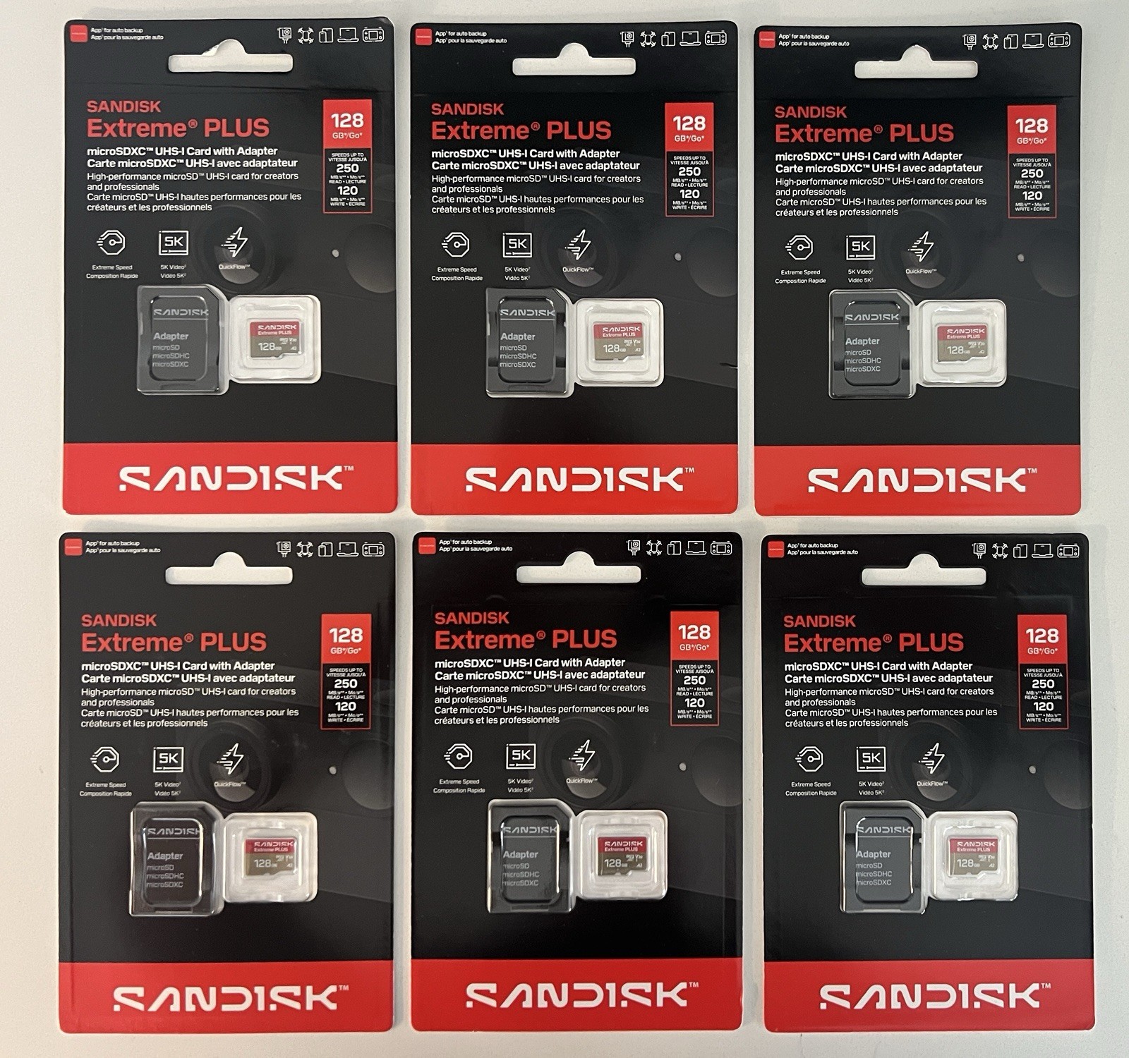 6 UNITS - SANDISK - 128GB Extreme PLUS microSDXC UHS-I Memory Card with Adapter